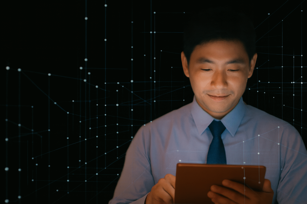 Cliente de Metanálisis revisando su último reporte de los datos de su empresa