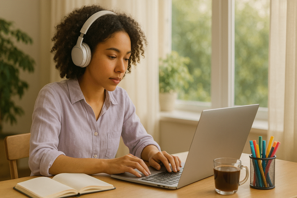 Empleada de Metanálisis con audífonos trabajando